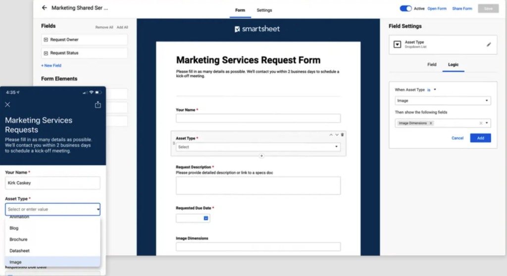 Smartsheet marketing services request form with dropdown options for asset type and conditional logic settings for form fields.